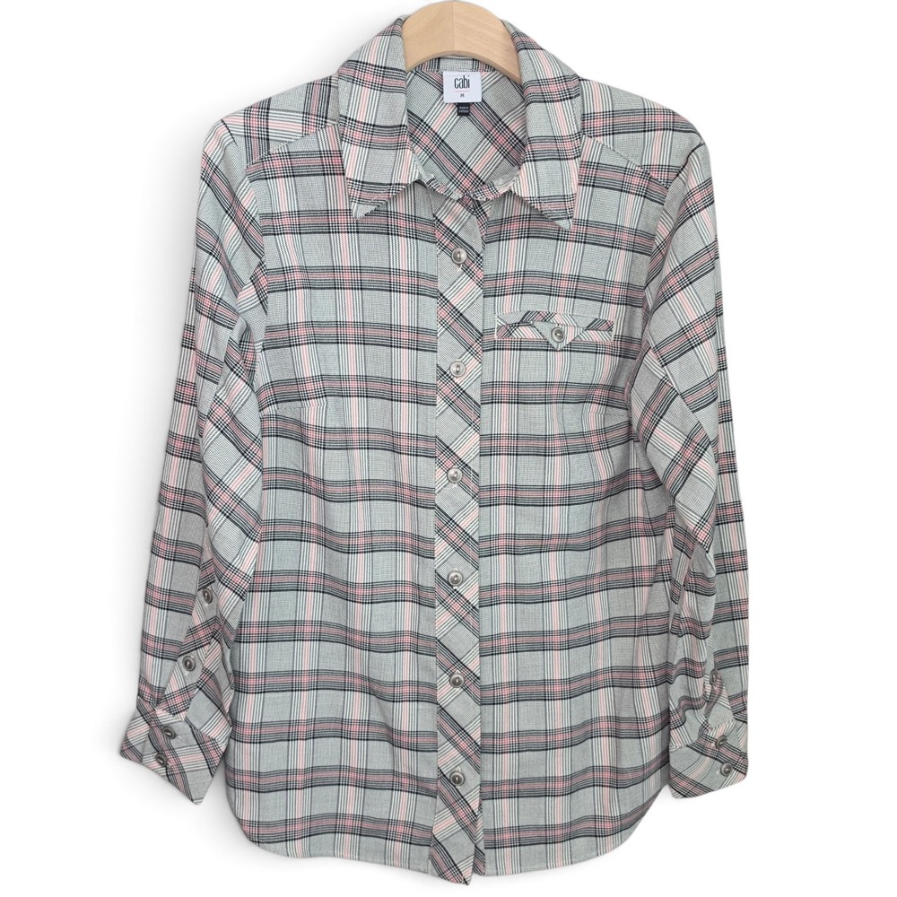 Cabi Shirt Womens Medium Plaid Button Down Shacket Gray Pink Check Blouse M